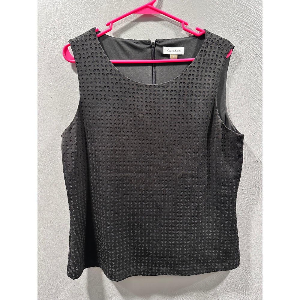 Calvin Klein Womens Black Sleeveless Eyelet Textured Shell Blouse Top Large